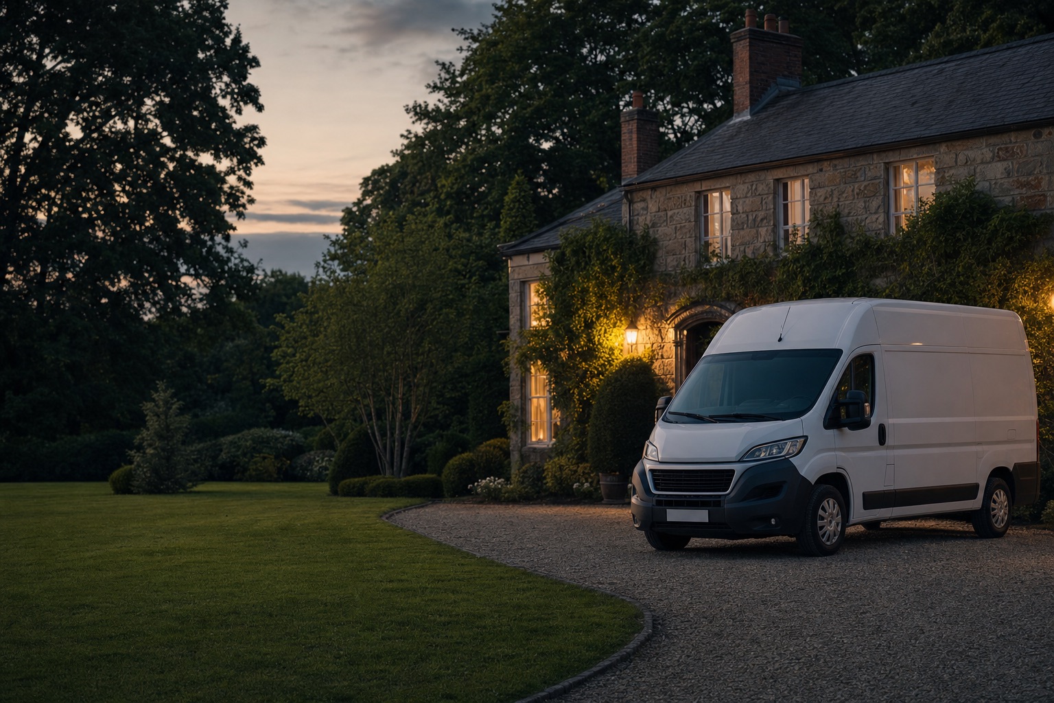 A clean white removals van parked on a driveway at dusk
